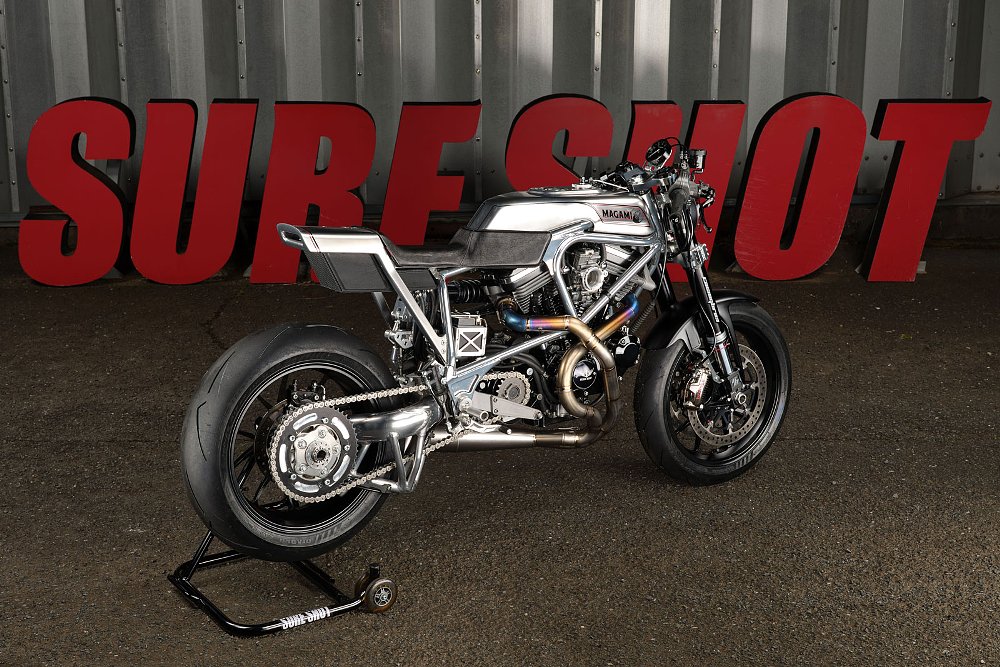 rear angle view of the modified Buell White Lightning