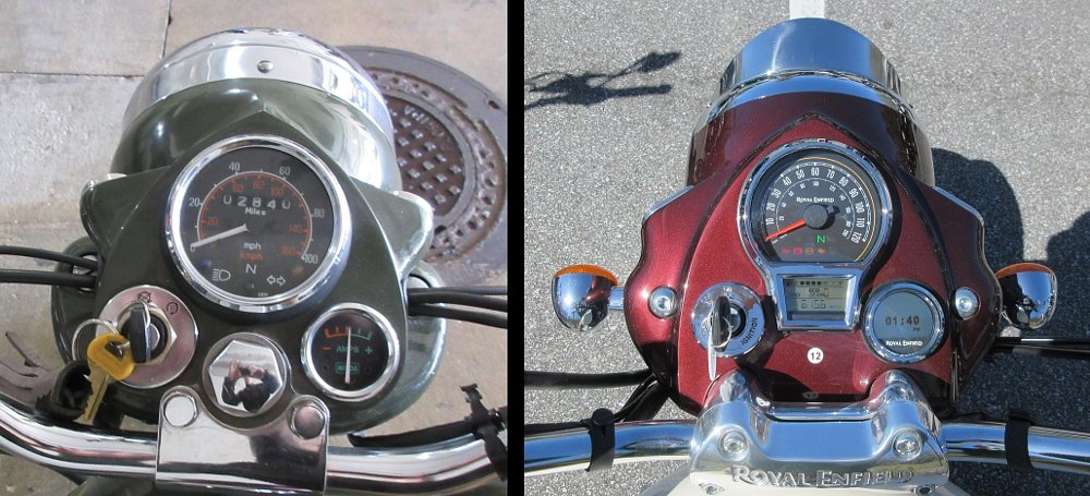 two photos, one of the speedometer on the old bike and one of the new