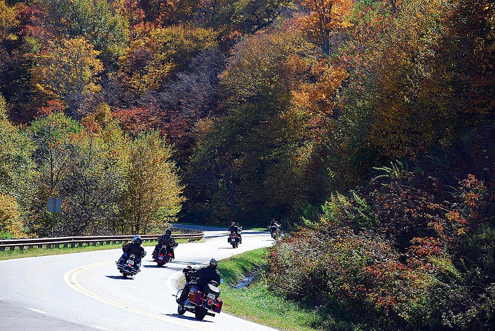 multiple motorcycles on a fall ride
