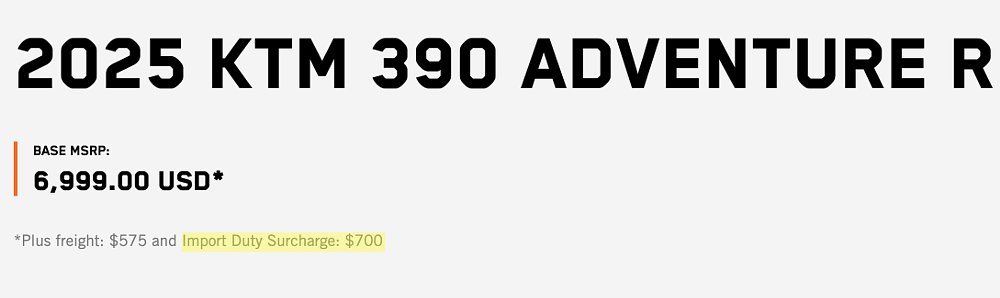 A screenshot of the 390 Adventure R's pricing breakdown as listed on the KTM website.